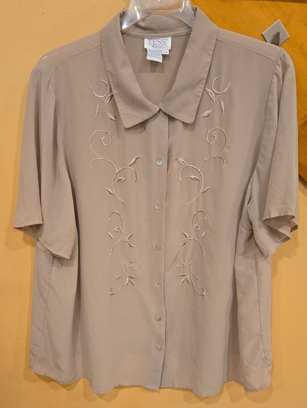 Tess Embroidered Tan Button Down Blouse